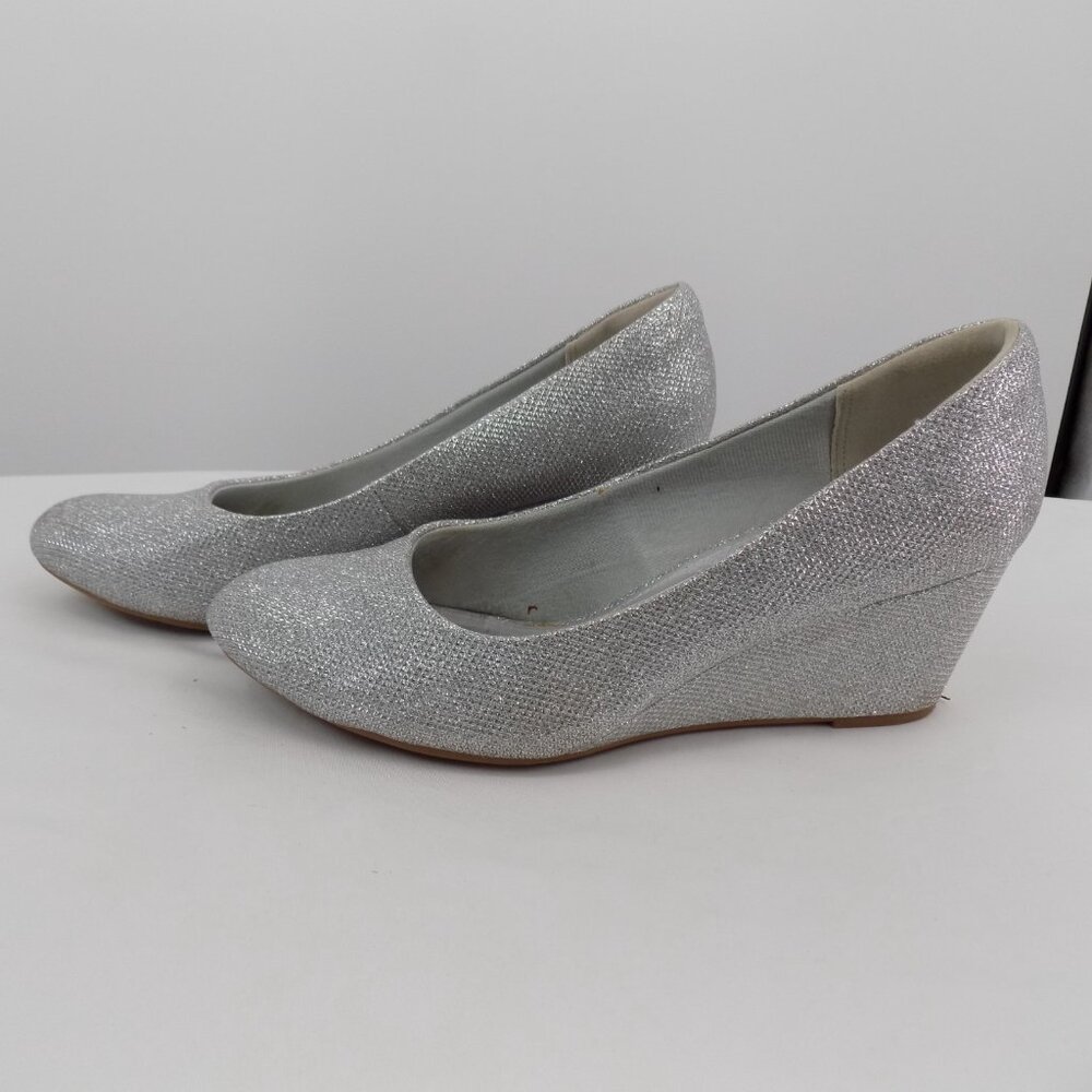 Ankis Silver Glitter Women Shoe Size 9.5 Slip On Wedge Heels Closed Toe - Picture 5 of 10